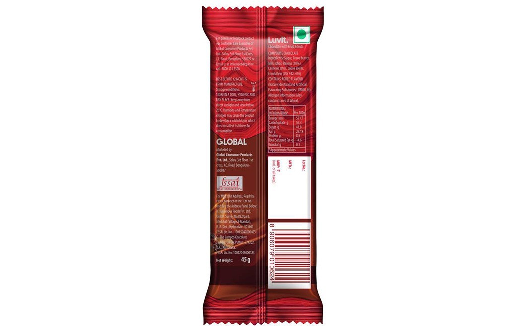 Luvit Luscious Silky Smooth Chocolate With Fruit & Nuts   Pack  45 grams